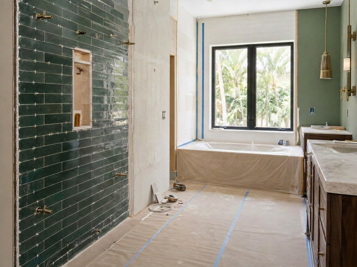Bathroom renovation site in Boca Raton showing dark green tiled shower wall, bathtub, vanity cabinets, protected flooring, and blue painter's tape