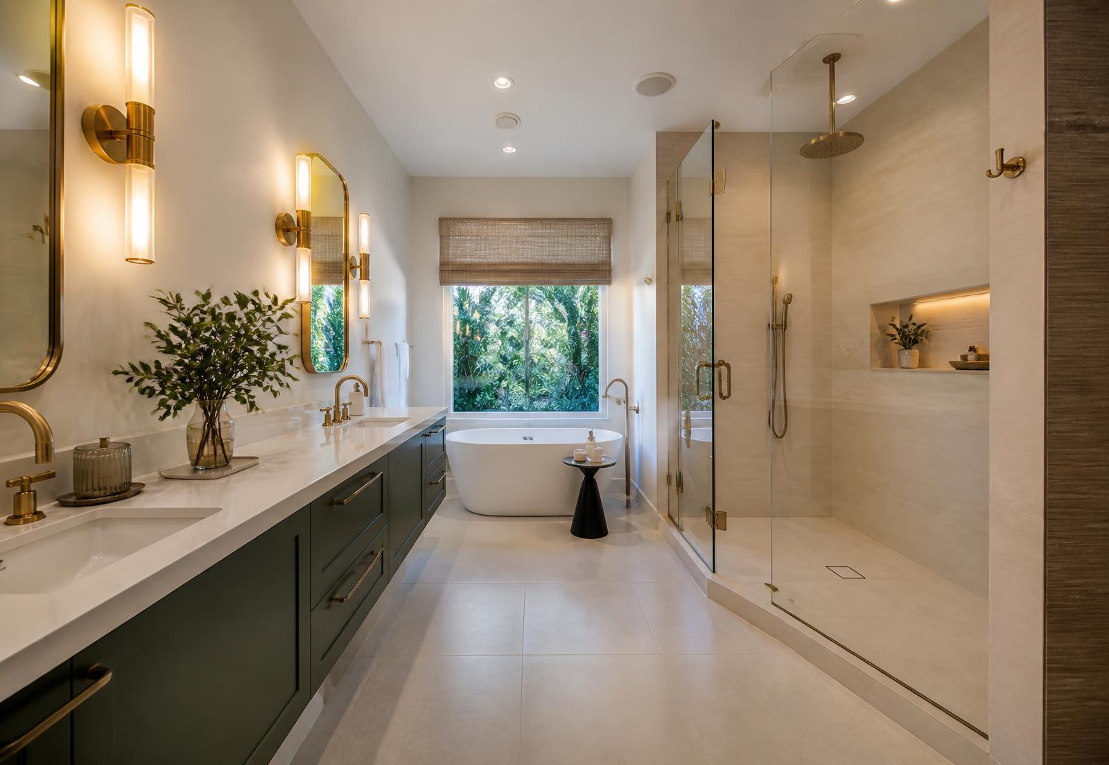 Completed luxury primary bathroom remodel in a Boca Raton home with large-format ivory porcelain tile, frameless glass shower, floating deep green vanity and brass fixtures