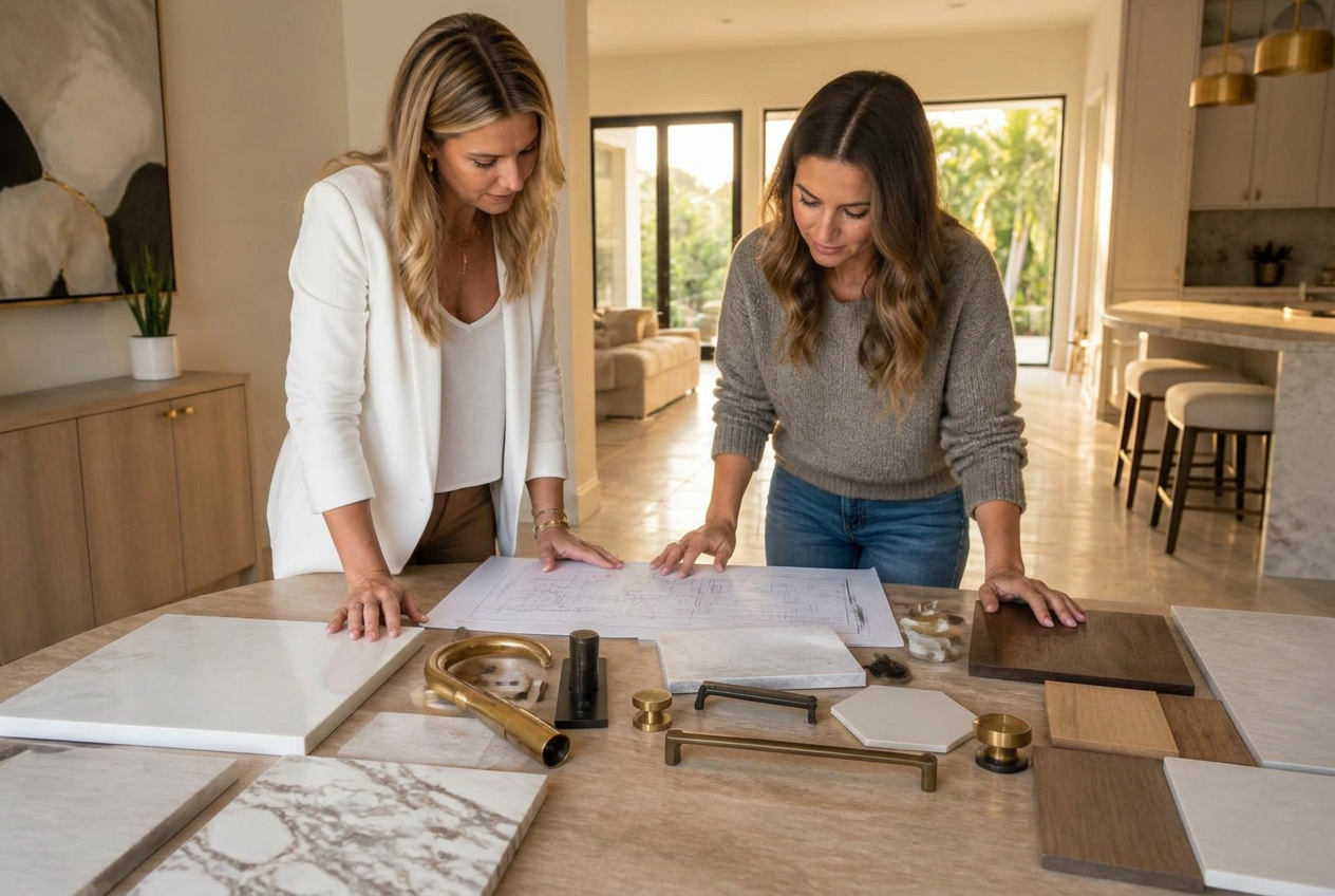Designer and homeowner reviewing bathroom remodeling plans with porcelain tile, stone and brass fixture samples in a Boca Raton home