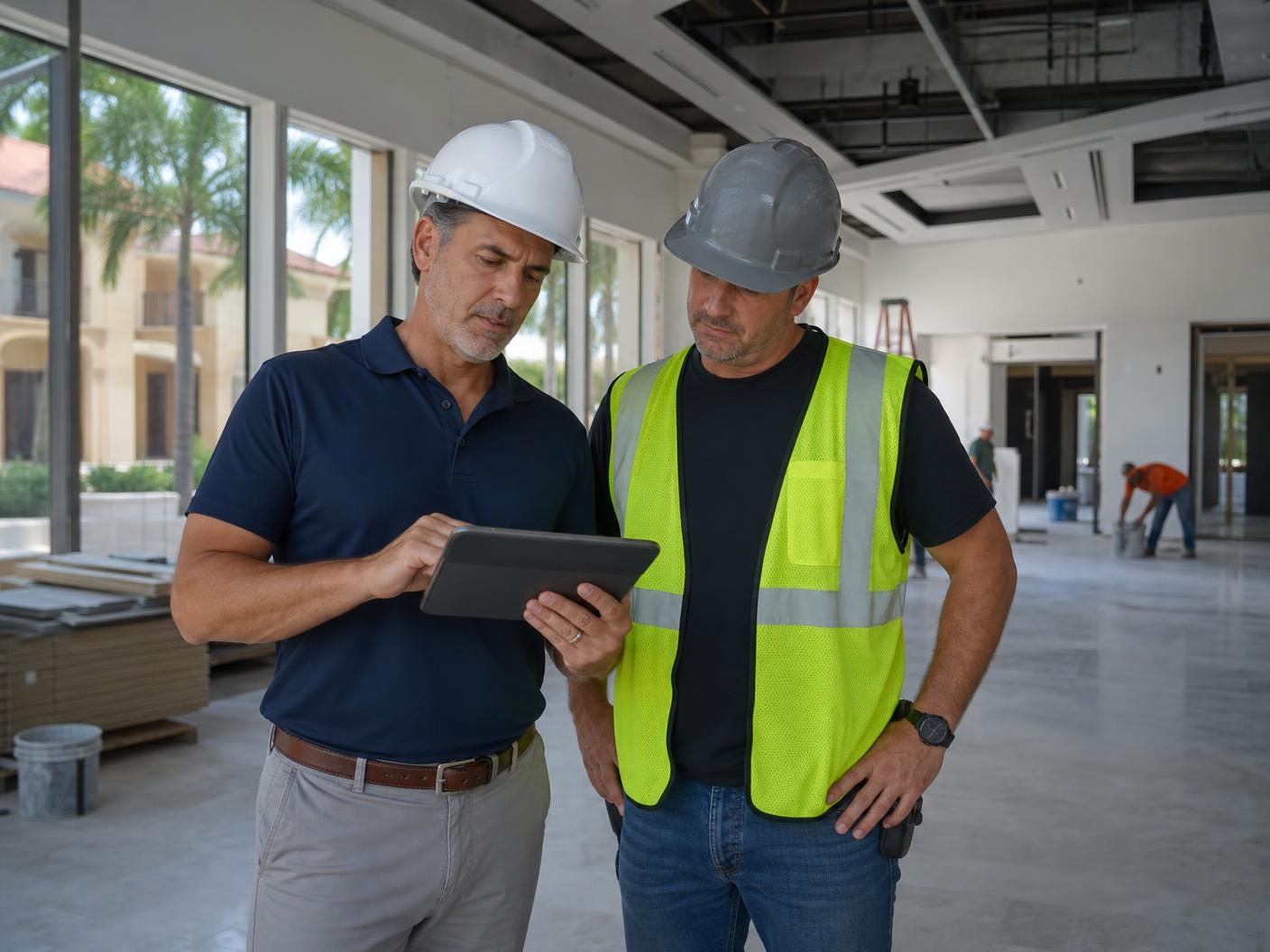 Commercial general contractor and licensed subcontractor reviewing plans on a tablet inside a Boca Raton renovation project