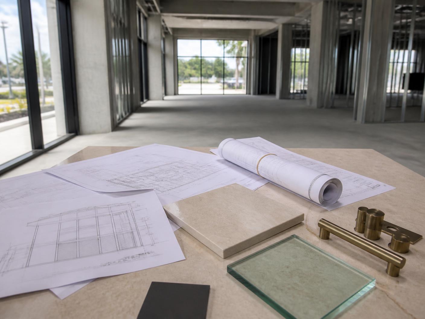 Commercial permit drawings and finish material samples on a table inside an unfinished Boca Raton commercial build-out