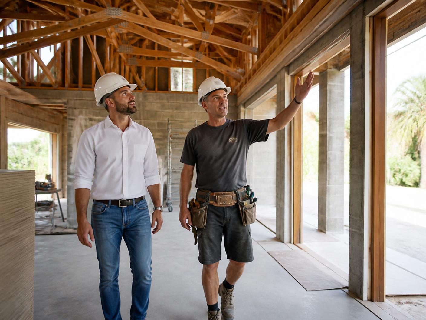 General contractor and framing carpenter walking a luxury Boca Raton custom home under construction