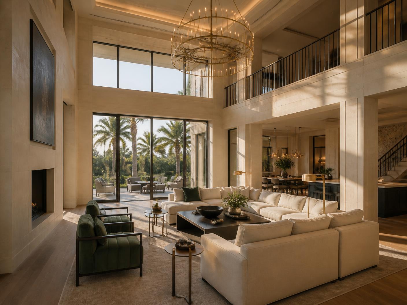 Completed custom home great room in Boca Raton with limestone walls, oak floors and floor-to-ceiling impact windows