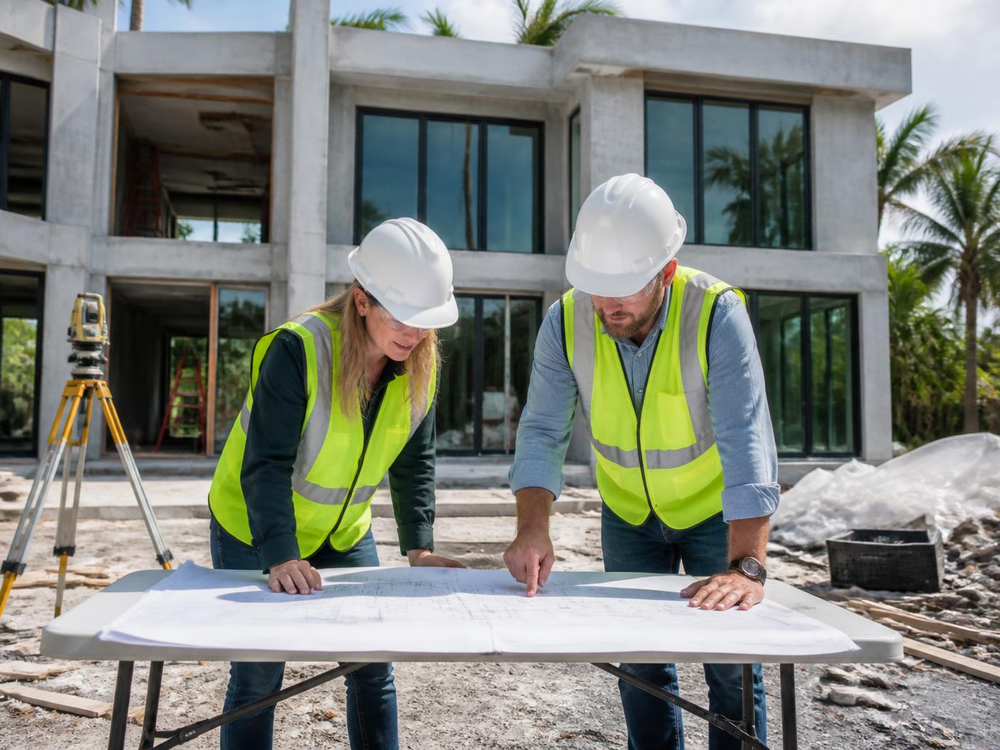 Project manager and surveyor reviewing custom home construction plans on site in Boca Raton