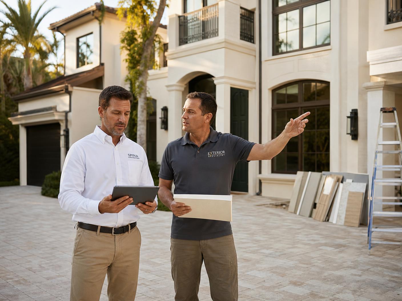 General contractor and exterior specialist reviewing renovation plans at a Boca Raton residence.