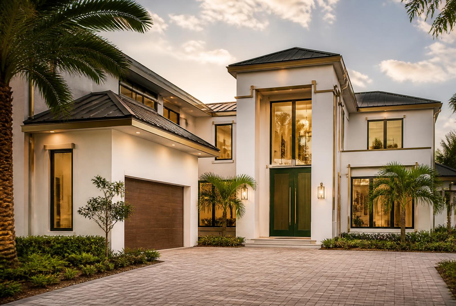 Completed exterior renovation on a luxury Boca Raton home with warm ivory stucco, bronze trim, a deep green front door, impact-rated windows and a metal roof at golden hour