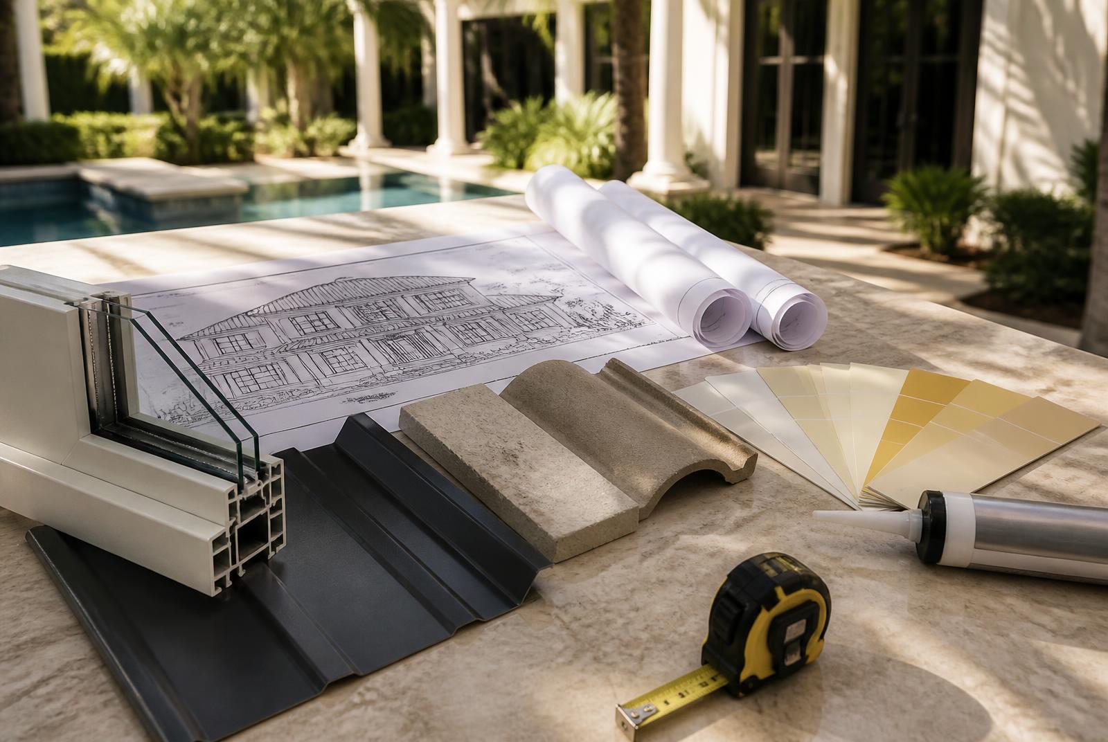 Exterior renovation plans with impact window, roof tile, metal panel and stucco color samples on a limestone patio table at a Boca Raton home