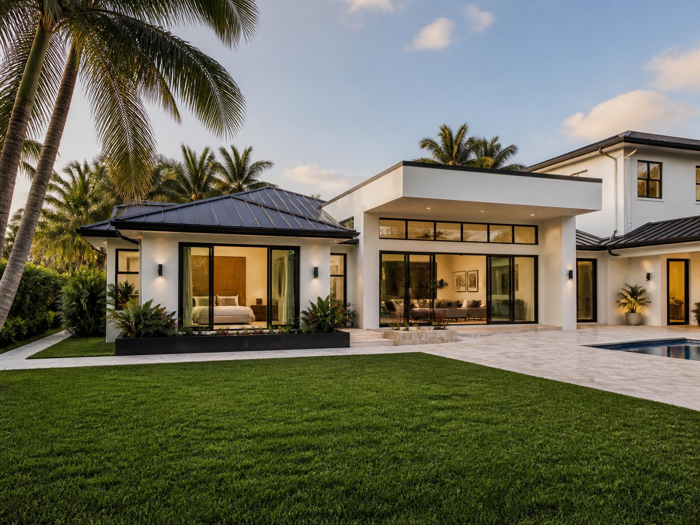 Completed luxury home addition on a Boca Raton residence with new primary-suite and family-room wing, impact glass doors and limestone patio