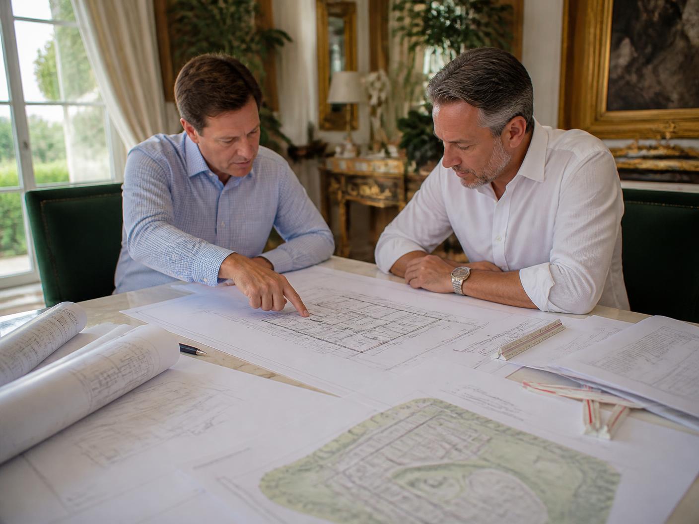 Architect and general contractor reviewing home addition construction drawings and a zoning site plan in a Boca Raton home