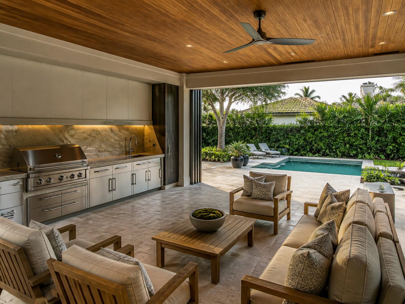 Builder finishing a covered patio and summer kitchen at a Boca Raton outdoor living space