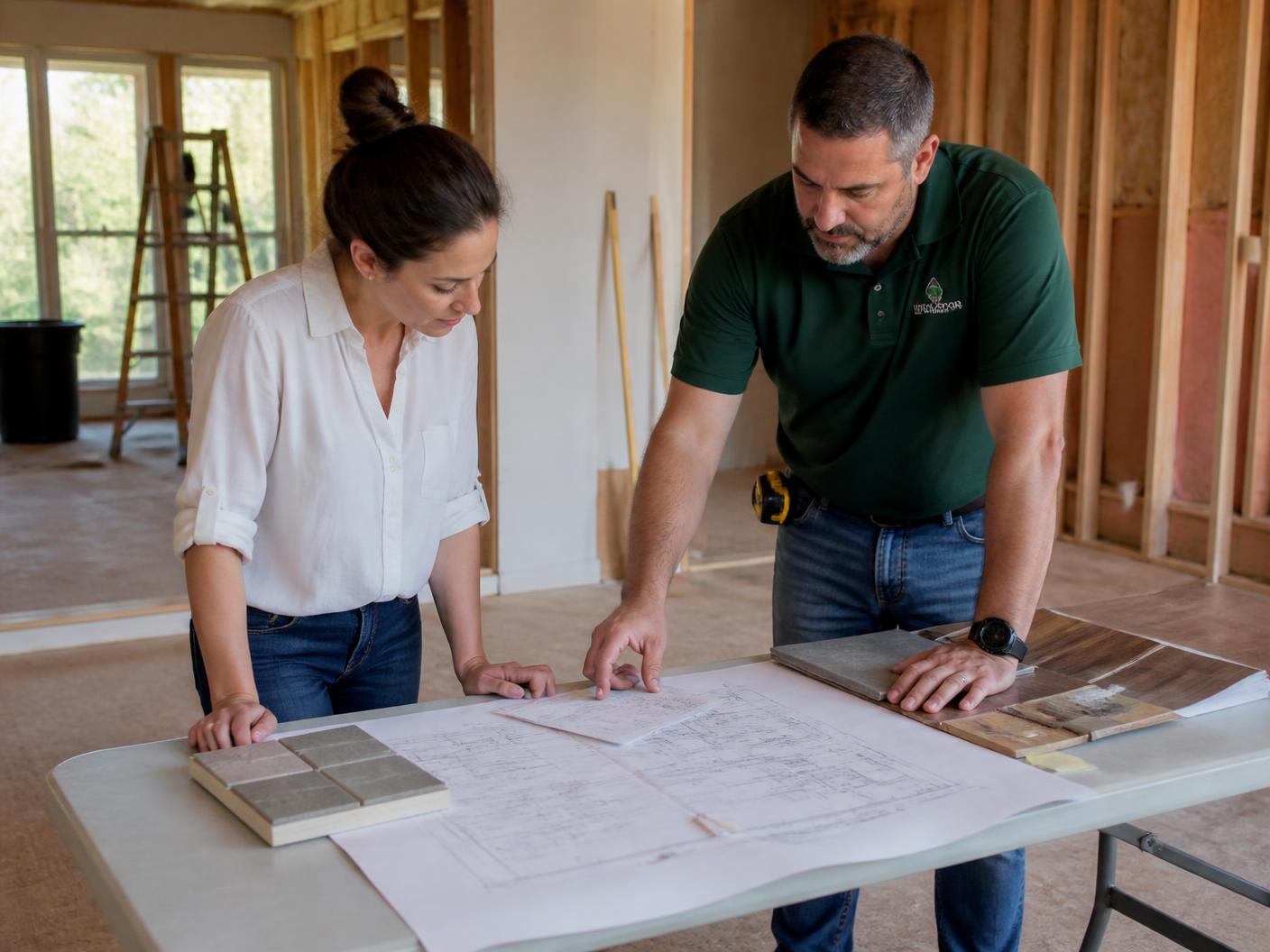 Project manager coordinating architects and engineers around a table of Boca Raton construction documents
