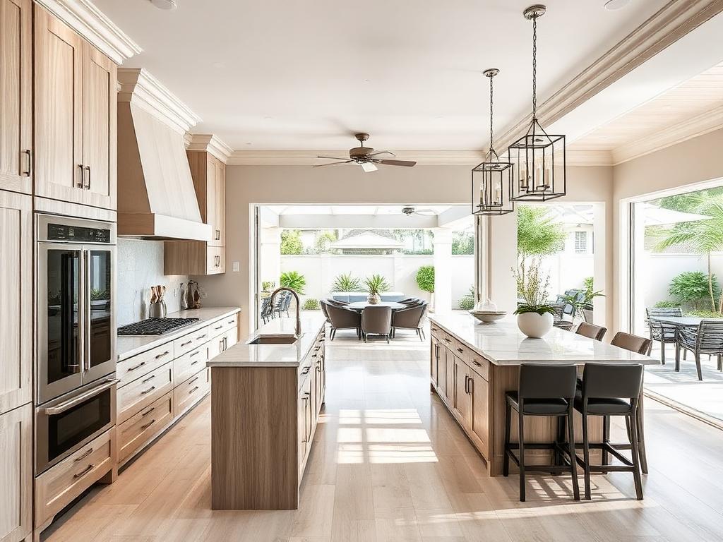 Remodeled luxury kitchen opening to a covered outdoor living patio