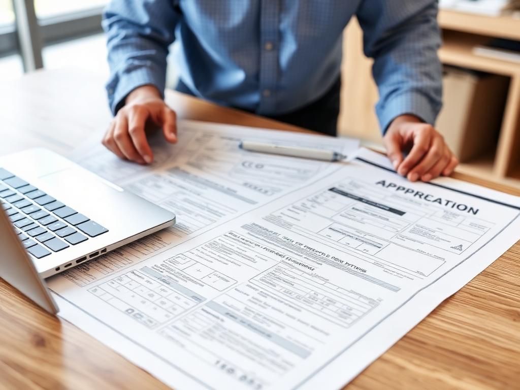 Contractor reviewing permit applications and stamped drawings at a desk