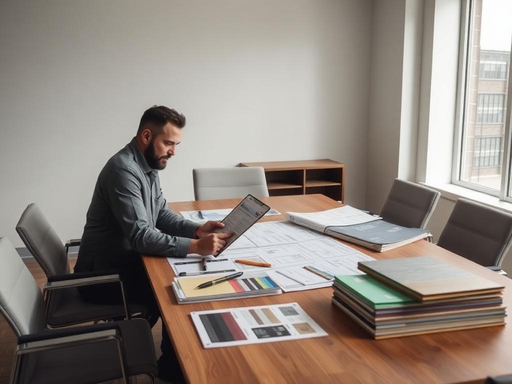 Estimator reviewing budgets, plans and material samples during preconstruction