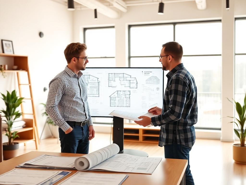 Architect and construction manager reviewing design-build drawings