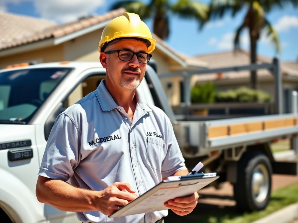 Licensed Florida general contractor with clipboard beside a work truck