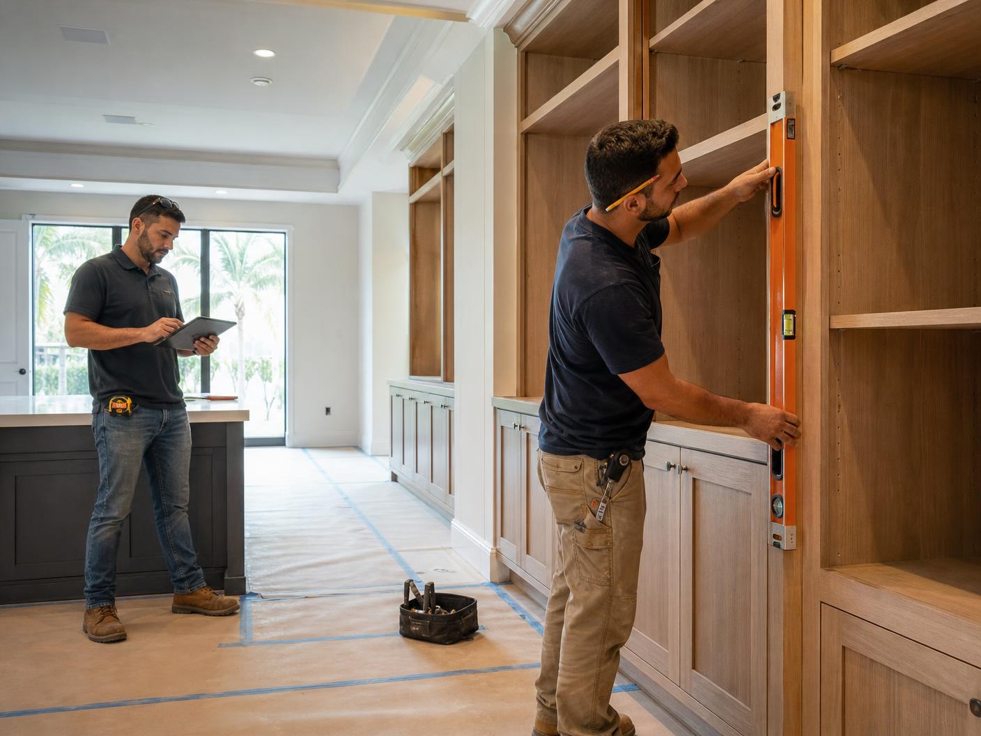 General contractor supervising a finish carpenter installing custom cabinetry during a Boca Raton interior renovation.
