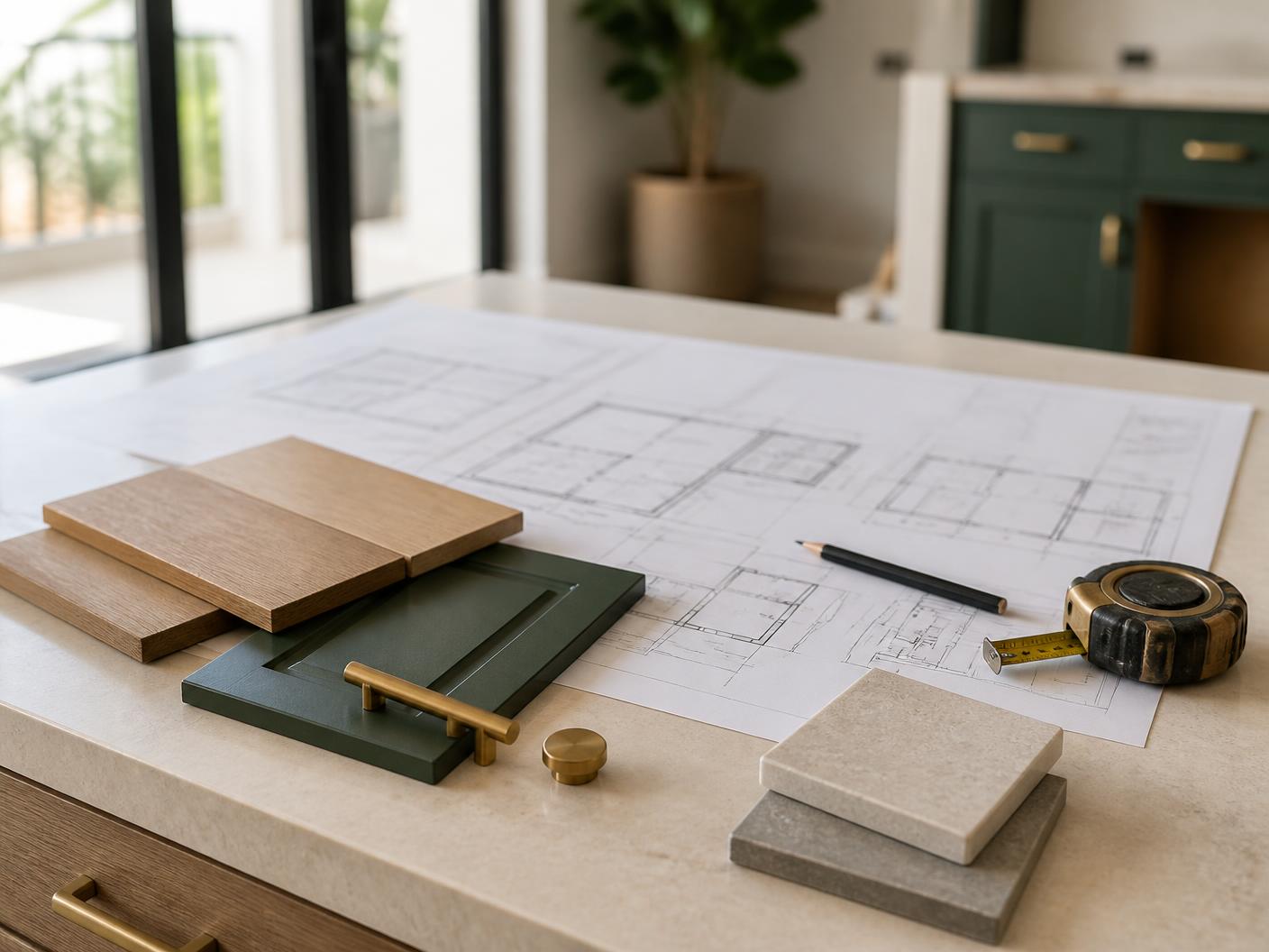 Interior renovation plans with oak flooring, porcelain tile, deep green cabinet and brass hardware samples on a stone countertop in a Boca Raton home