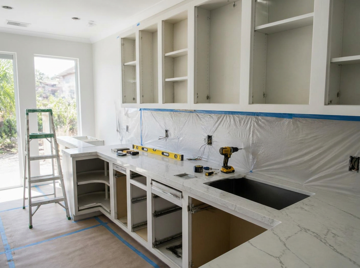 Licensed cabinet installers setting upper cabinets and quartz countertops during a Boca Raton kitchen remodel with protected floors and dust barriers