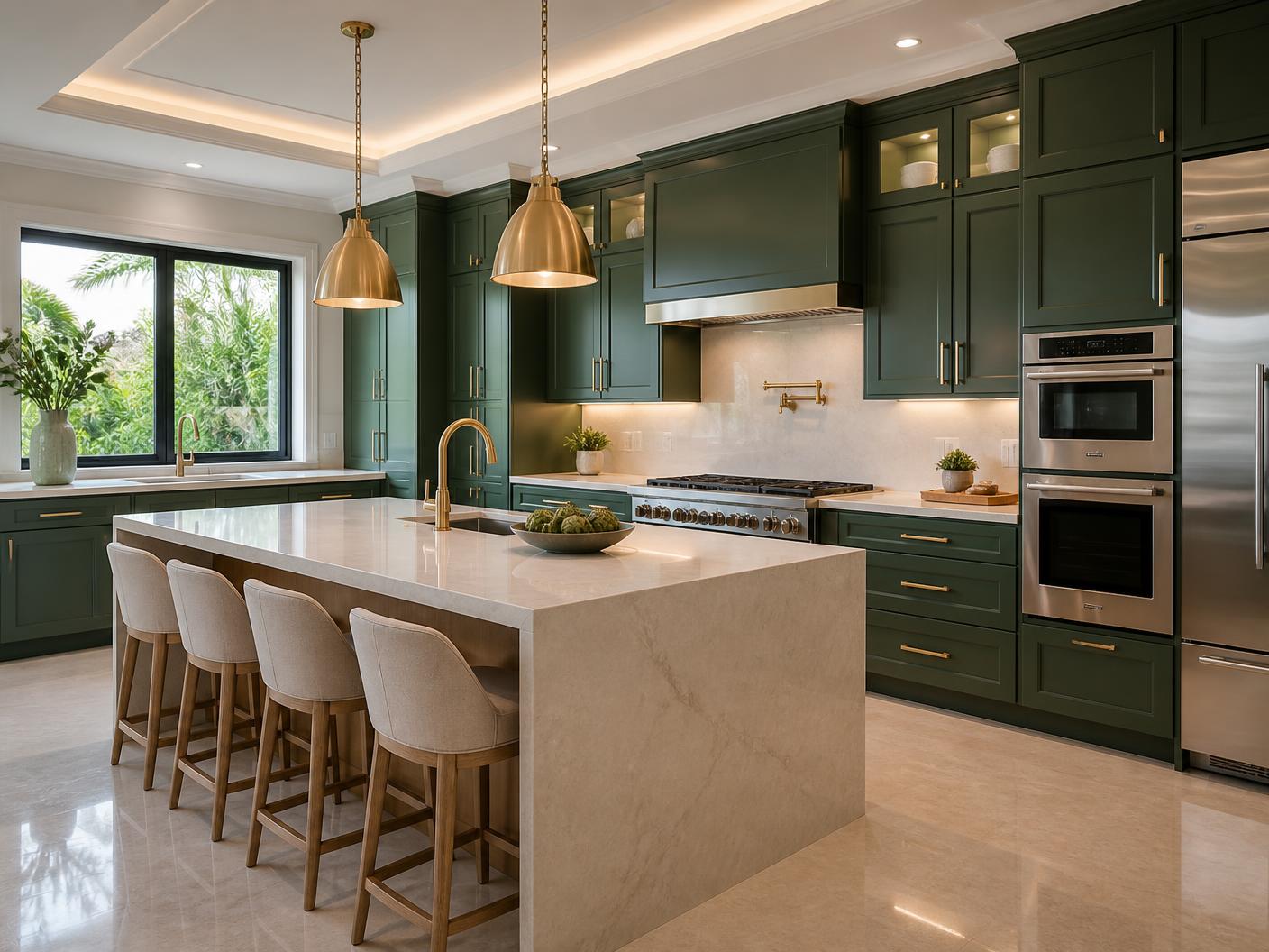 Completed kitchen remodel in a luxury Boca Raton home with deep green cabinetry, warm ivory quartz island, brass hardware and integrated appliances