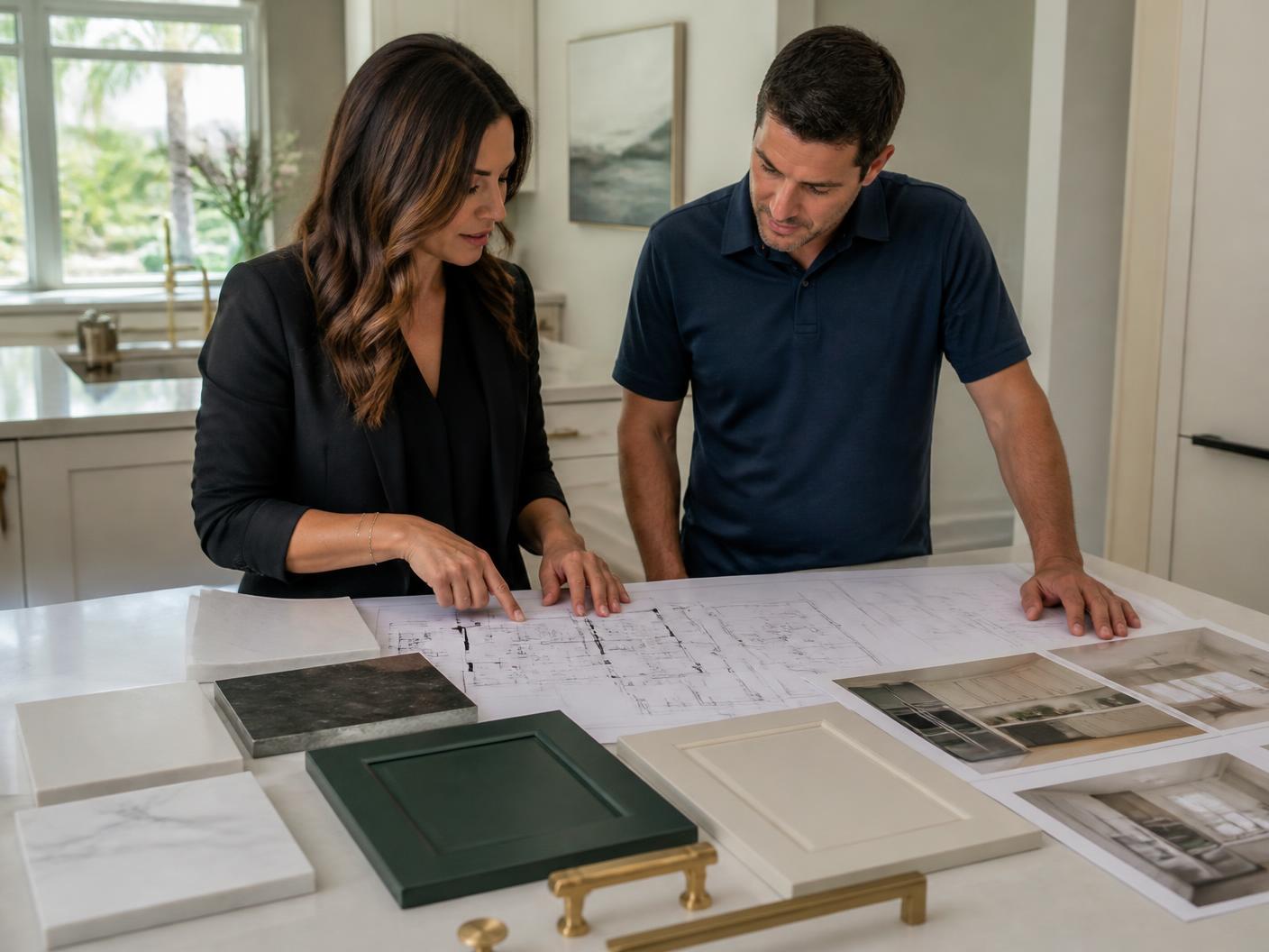 Kitchen designer and homeowner reviewing measured kitchen plans with quartz, porcelain, cabinet and brass hardware samples in a Boca Raton home