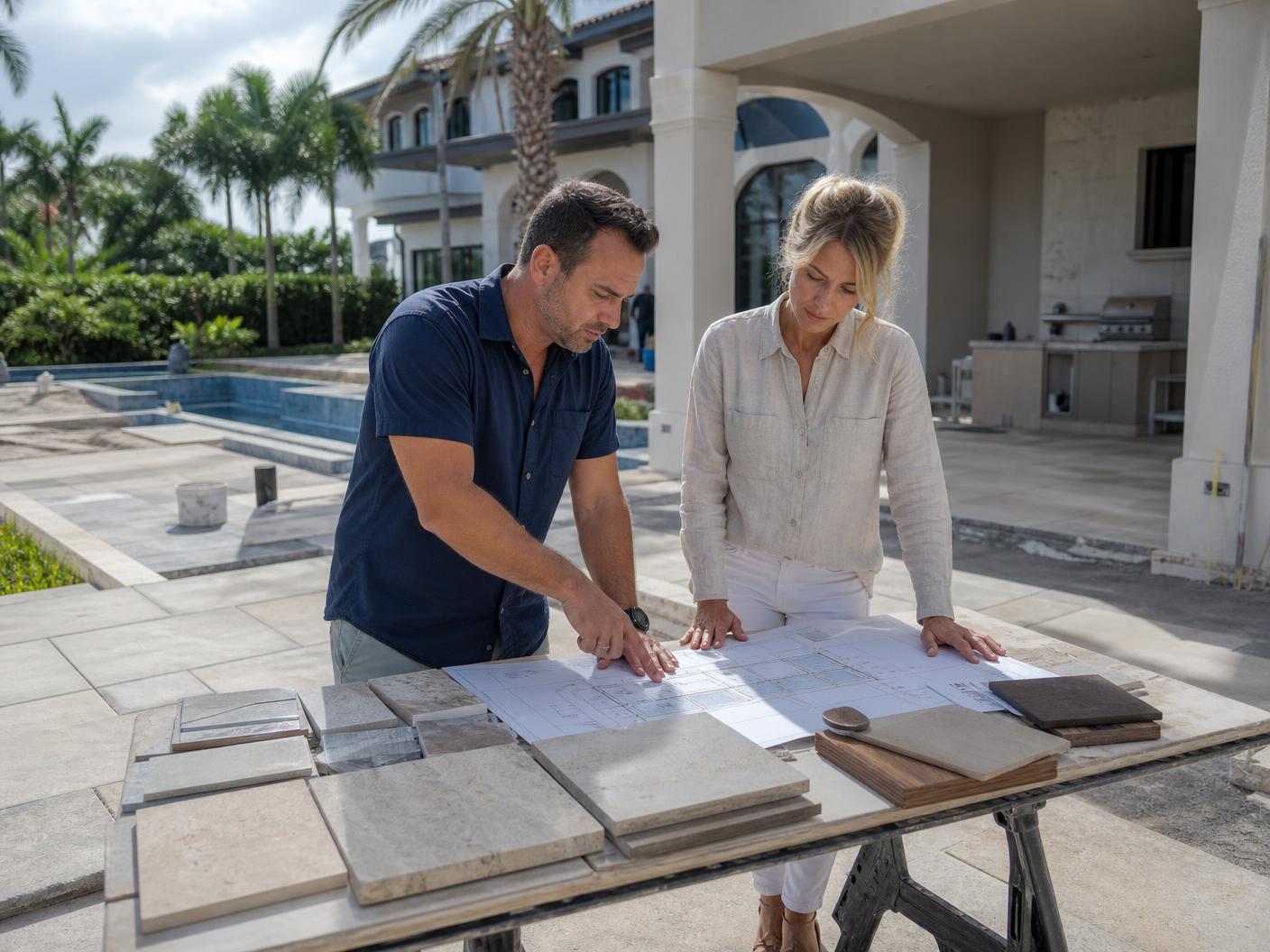 General contractor and outdoor-living specialist reviewing plans and material samples for a Boca Raton patio project.