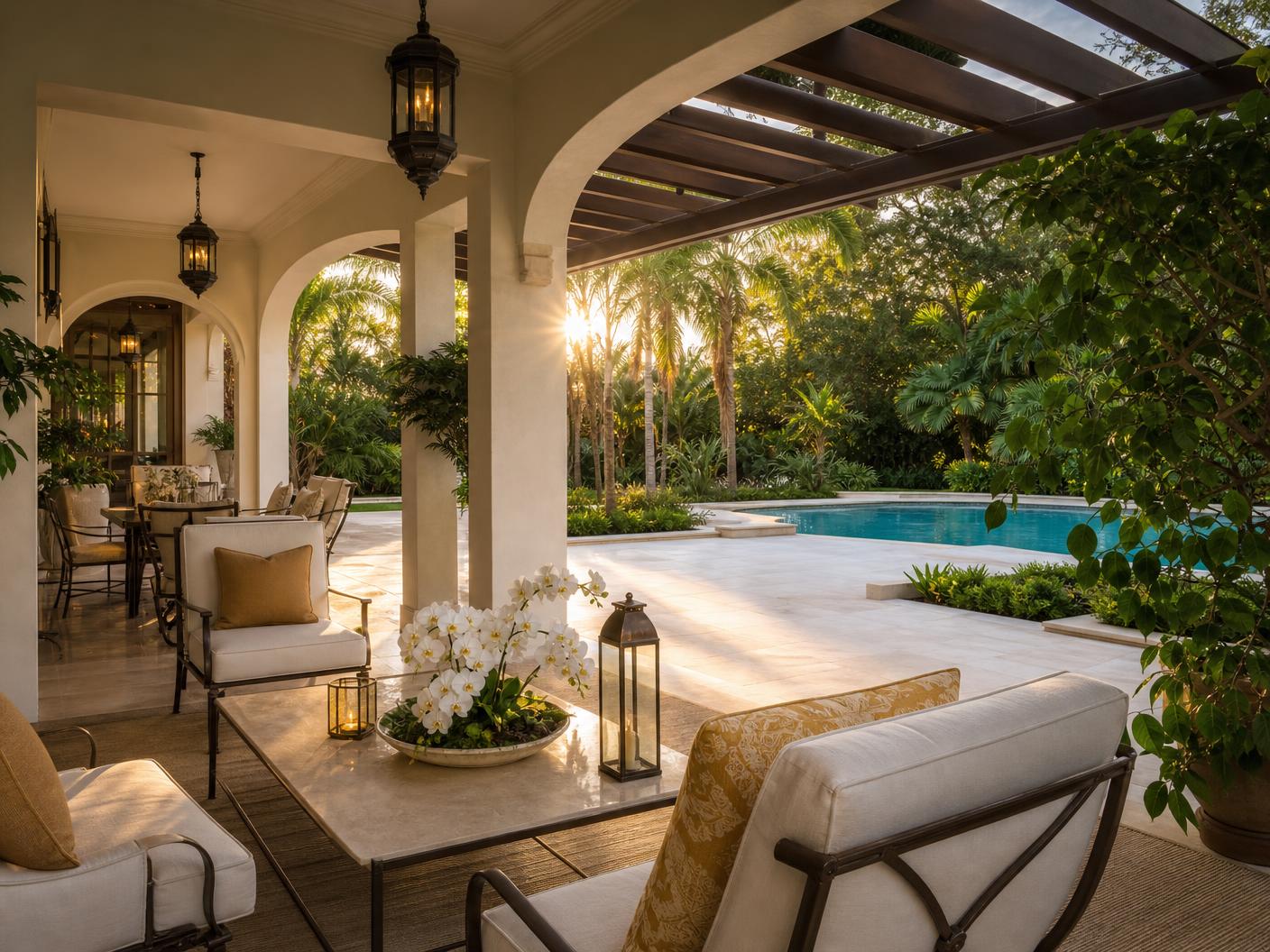 Completed luxury outdoor living space in Boca Raton with a covered loggia, bronze pergola, limestone pool deck and tropical landscaping at golden hour