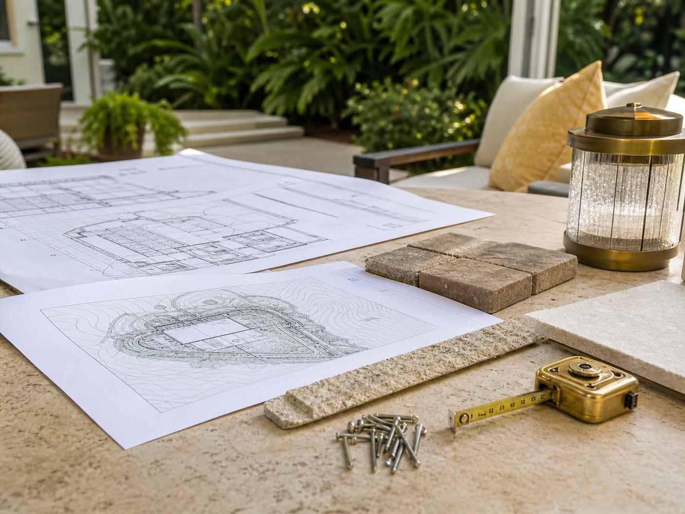 Outdoor living construction and drainage plans with paver, stone and corrosion-resistant hardware samples on a limestone patio table at a Boca Raton home