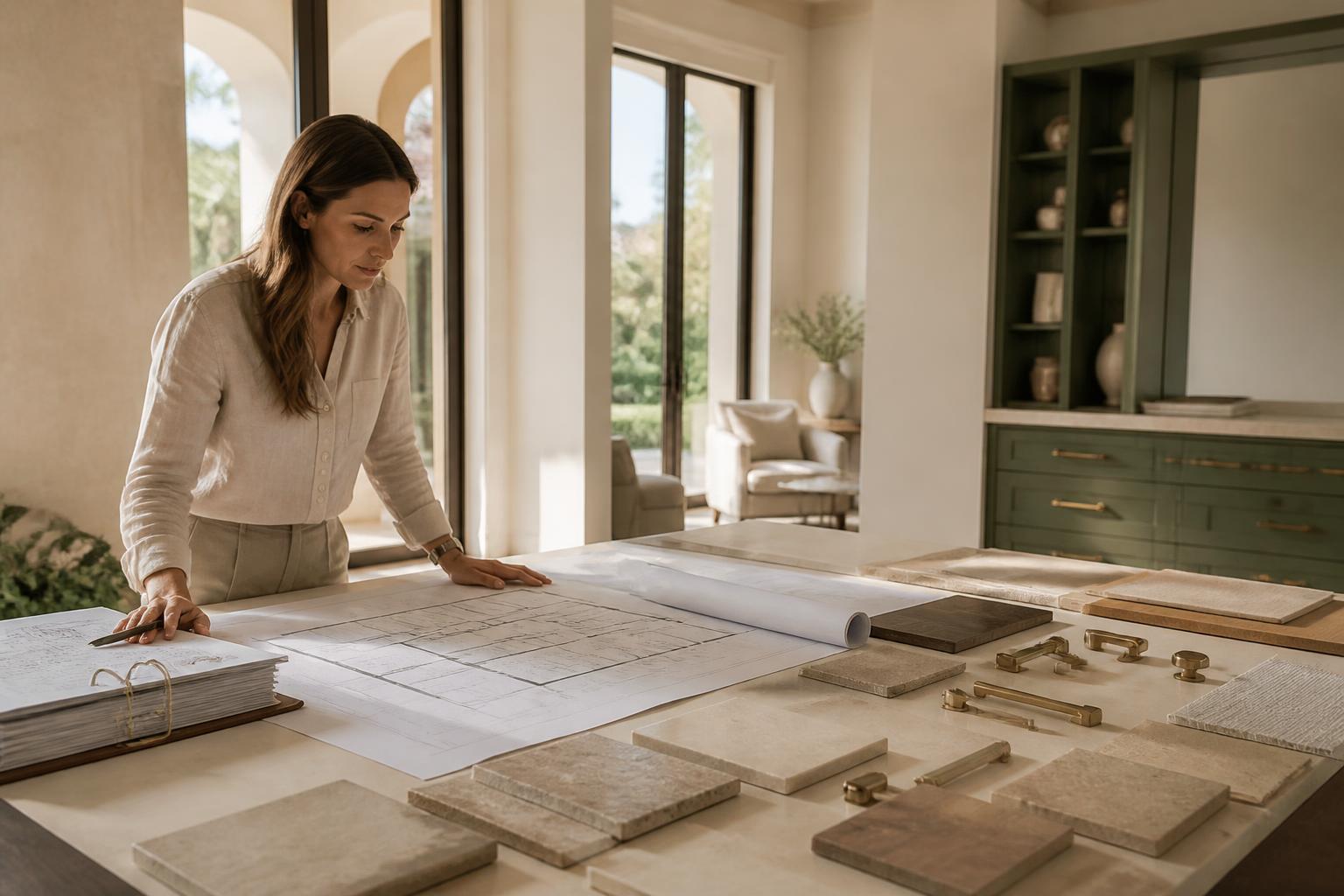 Project manager reviewing construction drawings, schedules and finish samples for a luxury Boca Raton home project