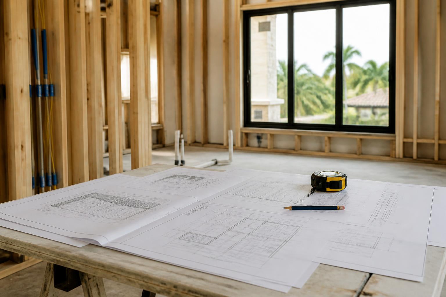 Permit and structural plan sheets on a worktable beside impact-rated windows in a Boca Raton home under construction