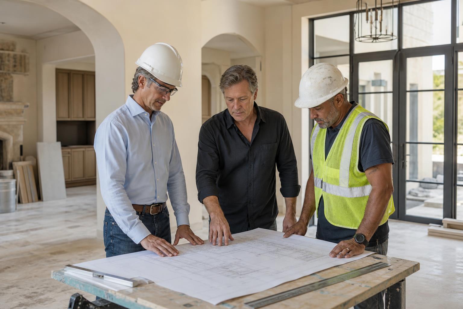 Project manager, architect and licensed subcontractor reviewing construction plans inside a luxury Boca Raton renovation