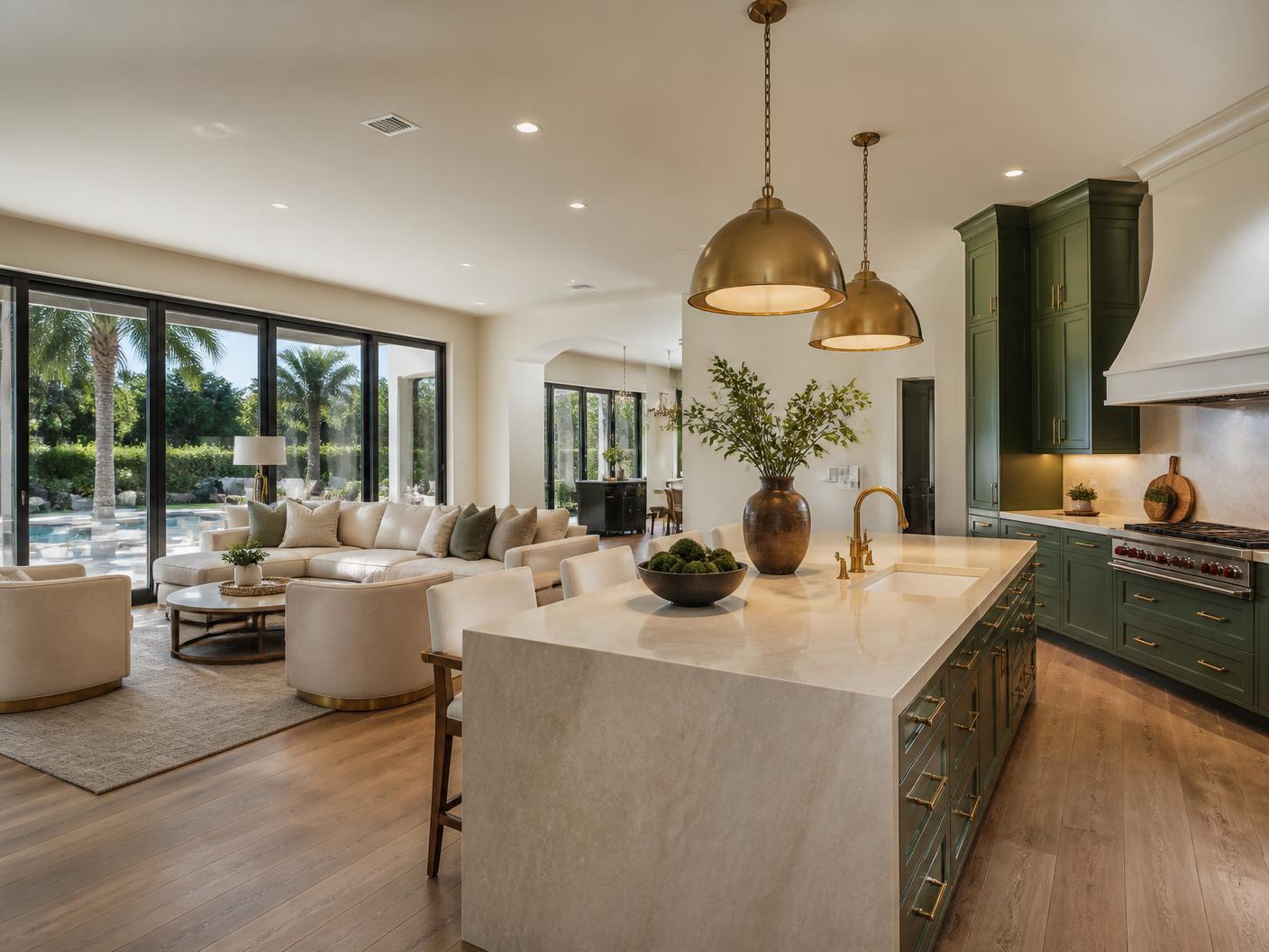 Completed whole-home remodel in Boca Raton with open-plan great room, deep green kitchen cabinetry, limestone island and impact windows