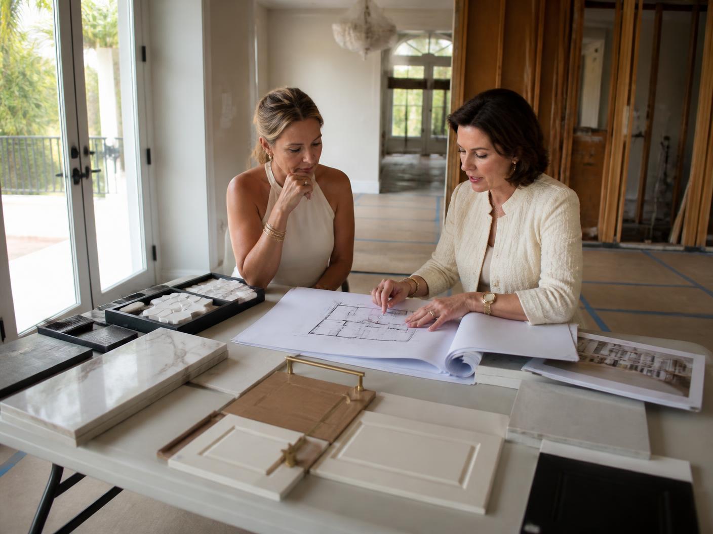 Designer and homeowner reviewing whole-home remodeling floor plans with tile, stone and cabinetry samples in a Boca Raton home under renovation